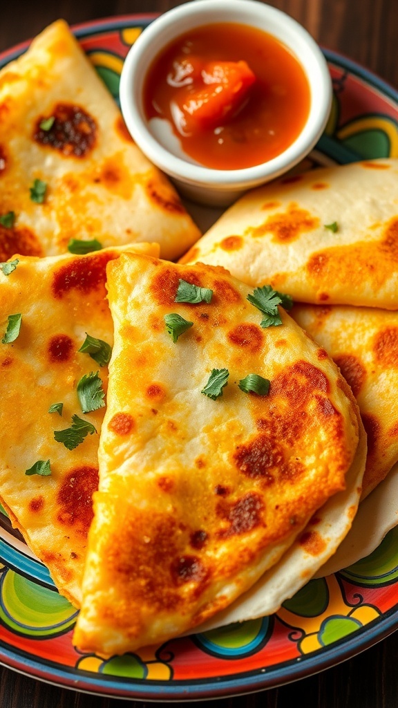 Crispy quesadilla fritas filled with cheese, served with sour cream and salsa on a colorful plate.